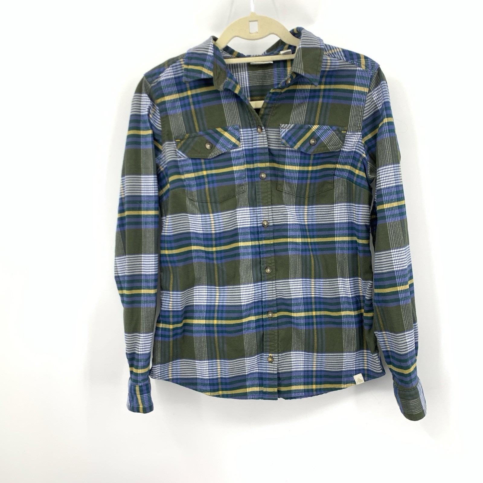 Ll Bean Women Size Small Shirt Button Down Top Flannel Blue Green Plaid Stretch
